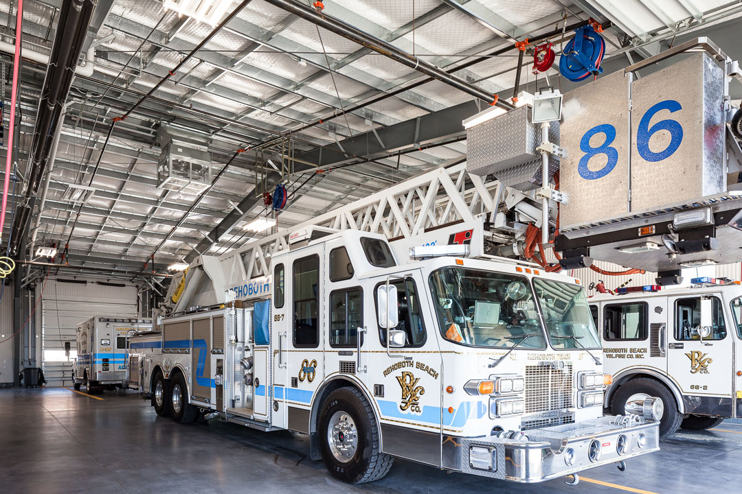 Rehoboth Beach Volunteer Fire Company interior with firetrucks